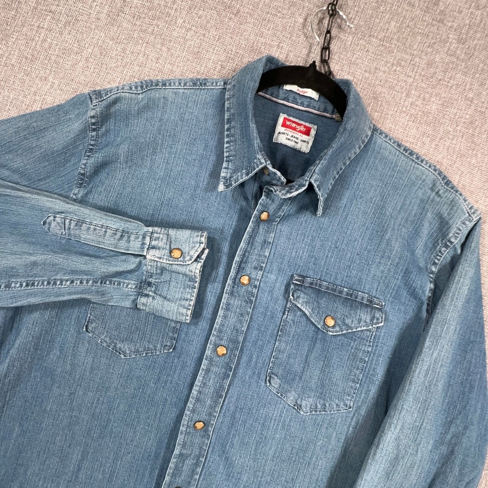 Wrangler Metal Pearl Snap Denim Shirt Mens L Long Sleeve Western Cowboy Ranch